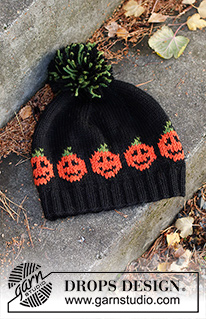 Pumpkin Bits Hat / DROPS 234-72 - Czapka na drutach z żakardem w dynie, z włóczki DROPS Nepal. Rozmiary damskie od S do XL. Temat: Halloween.
