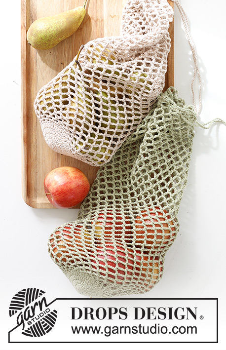 Seasonal Fruit / DROPS 234-77 - Duża siatka na szydełku na owoce i warzywa, z włóczki DROPS Safran. Przerabiana ściegiem ażurowym. Temat: Boże Narodzenie
