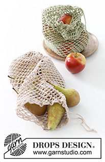 Seasonal Fruit / DROPS 234-77 - Crocheted large fruit and vegetable net in DROPS Safran. The piece is worked with lace pattern. Theme: Christmas.