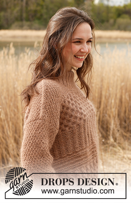Cracked Walnuts Sweater / DROPS 235-1 - Knitted jumper in DROPS Kid-Silk and DROPS Puna / DROPS Merino Extra Fine. Piece is knitted bottom up with textured pattern, ridges, cables, double neck and rib. Size XS – XXL.