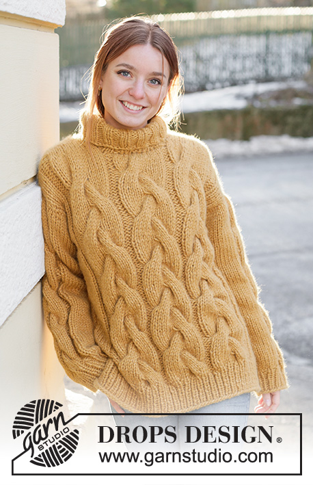Golden Hour / DROPS 235-21 - Knitted sweater in 1 strand DROPS Wish or 2 strands DROPS Air. The piece is worked bottom up with cables, high-neck and split in the sides. Sizes S - XXXL.