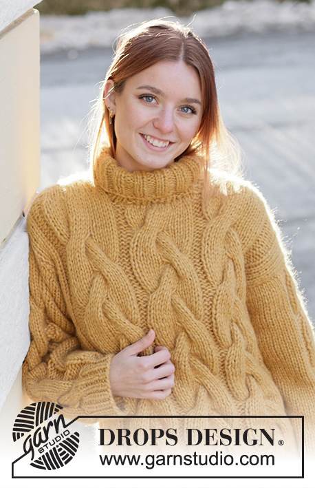 Golden Hour / DROPS 235-21 - Knitted sweater in 1 strand DROPS Wish or 2 strands DROPS Air. The piece is worked bottom up with cables, high-neck and split in the sides. Sizes S - XXXL.