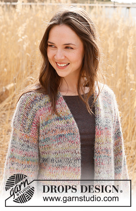 Sparkling Sunrise Cardigan / DROPS 235-35 - Knitted basic jacket in 1 strand DROPS Brushed Alpaca Silk and 2 strands DROPS Fabel. The piece is worked bottom up in stocking stitch. Sizes XS - XXL.