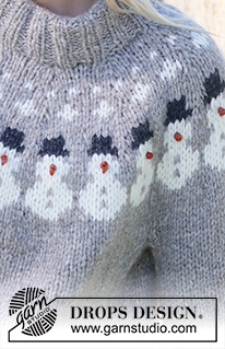 Snowman Time Sweater / DROPS 235-38 - Strikket bluse i 1 tråd DROPS Wish eller 2 tråde DROPS Air. Arbejdet strikkes oppefra og ned med dobbelt halskant, rundt bærestykke og flerfarvet mønster med snemand. Størrelse S - XXXL.