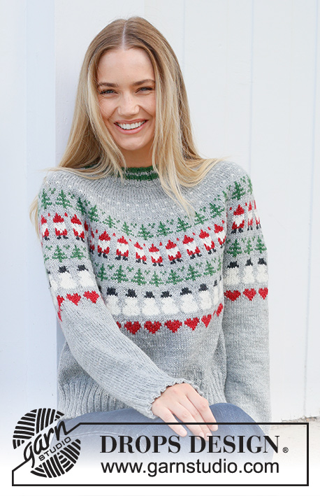 Christmas Time Sweater / DROPS 235-39 - Gestrickter Pullover in DROPS Karisma. Die Arbeit wird von oben nach unten mit Rundpasse und mehrfarbigem Muster mit Weihnachtswichteln, Tannen, Schneemännern und Herzen gestrickt. Größe S - XXXL. Thema: Weihnachten.