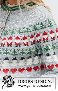 Christmas Time Cardigan / DROPS 235-40 - Strikket cardigan i DROPS Karisma. Arbejdet strikkes oppefra og ned med rundt bærestykke og flerfarvet mønster med nisse, grantræ, snemand og hjerte. Størrelse S - XXXL. Tema: Jul.