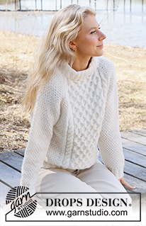 Cream Wafer / DROPS 236-15 - Knitted sweater in DROPS Air. The piece is worked top down with raglan, double neck, cables and moss stitch. Sizes S - XXXL.