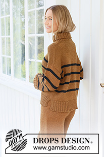 Fudge Stripes / DROPS 237-16 - Pull tricoté de haut en bas en DROPS Alaska. Se tricote en jersey, avec épaules européennes / épaules biaisées, rayures et col montant. Du S au XXXL.