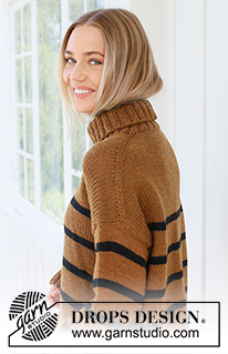 Fudge Stripes / DROPS 237-16 - Knitted sweater in DROPS Alaska. The piece is worked top down with stockinette stitch, European shoulders /diagonal shoulders, stripes and high neck. Sizes S - XXXL.