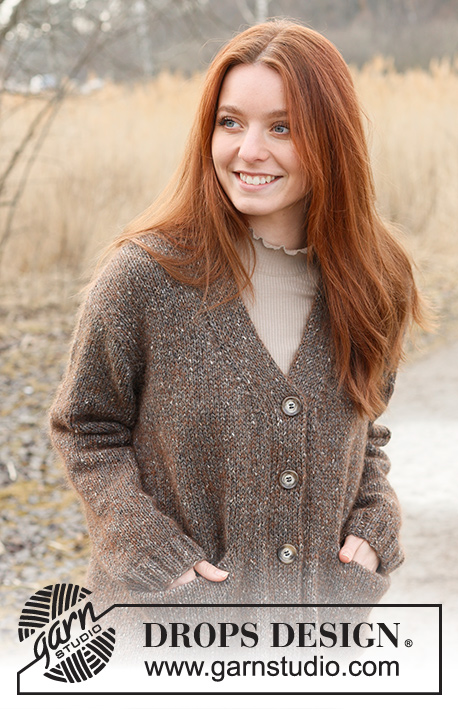 Autumn Woods Cardigan / DROPS 237-24 - Knitted long jacket in DROPS Soft Tweed and DROPS Kid-Silk. The piece is worked bottom up, in stocking stitch, with double knitted bands, V-neck and pockets. Sizes XS - XXL.