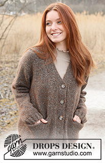 Autumn Woods Cardigan / DROPS 237-24 - Knitted long jacket in DROPS Soft Tweed and DROPS Kid-Silk. The piece is worked bottom up, in stockinette stitch, with double knitted bands, V-neck and pockets. Sizes XS - XXL.