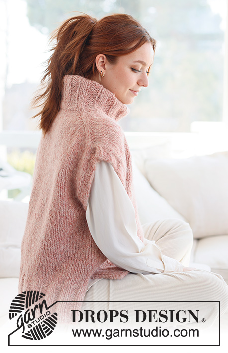 Pink Salt Vest / DROPS 237-3 - Knitted vest in DROPS Air and DROPS Brushed Alpaca Silk. The piece is worked top down with European shoulder /diagonal shoulders and high neck. Sizes S - XXXL.