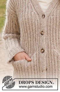 Autumn Medley Cardigan / DROPS 237-43 - Strikket cardigan i DROPS Soft Tweed og DROPS Kid-Silk. Arbejdet strikkes nedefra og op med helpatent, lommer, v-hals og dobbeltstrikket forkant. Størrelse S - XXXL.