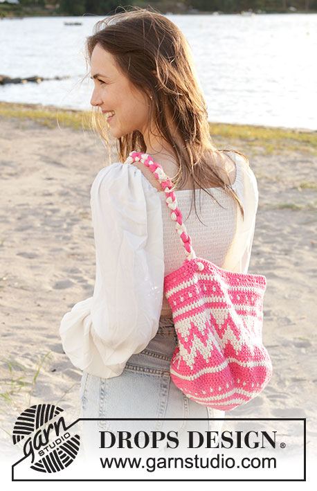 Pink Peaks Bag / DROPS 238-11 - Crocheted bag in DROPS PARIS. Piece is work bottom up with multi-coloured pattern.