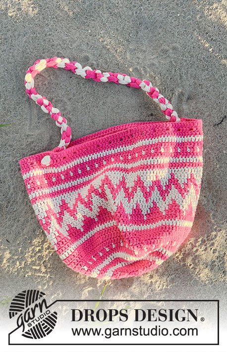 Pink Peaks Bag / DROPS 238-11 - Crocheted bag in DROPS PARIS. Piece is work bottom up with multi-coloured pattern.