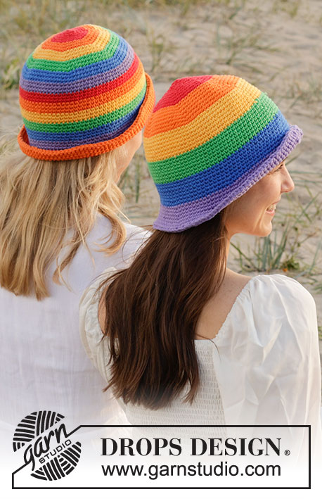 True Colours Hat / DROPS 238-19 - Chapeau crocheté en rond, de haut en bas, avec rayures arc-en-ciel, en DROPS Paris. Du S au XL