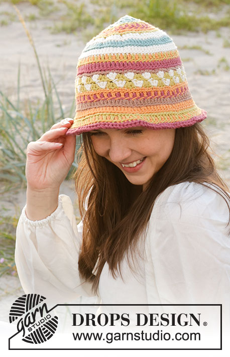 Painted Canyon Hat / DROPS 238-22 - Crocheted hat in DROPS Paris. The piece is worked top down, with coloured pattern. Sizes S - XL.