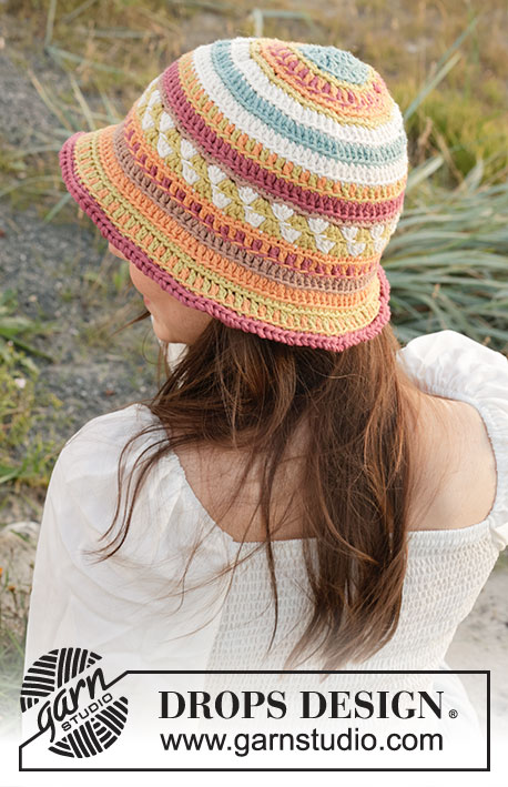 Painted Canyon Hat / DROPS 238-22 - Crocheted hat in DROPS Paris. The piece is worked top down, with coloured pattern. Sizes S - XL.