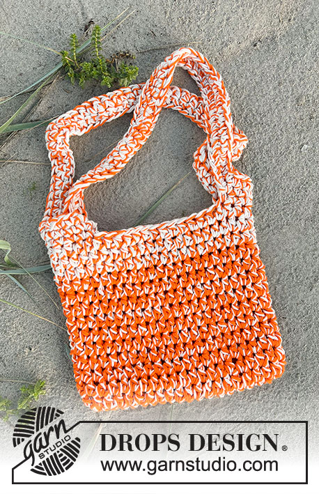 Tangerine Tickle Bag / DROPS 238-7 - Saco crochetado de baixo para cima, com 3 fios DROPS Paris.