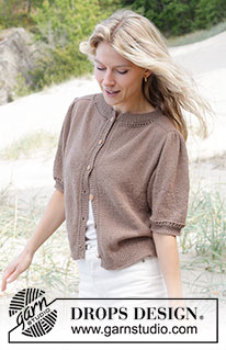 Sherwood Smiles Cardigan / DROPS 239-15 - Knitted jacket with short sleeves in DROPS Safran. Piece is knitted top down with double neck edge, saddle shoulder increase, stocking stitch and short puffed sleeves. Size: S - XXXL