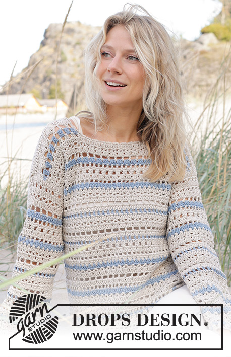 Jewels Tide Sweater / DROPS 239-22 - Crocheted sweater in DROPS Muskat. The piece is worked top down with lace pattern, stripes and split in sides. Sizes S – XXXL.