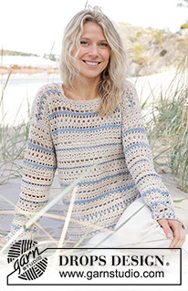 Jewels Tide Sweater / DROPS 239-22 - Crocheted sweater in DROPS Muskat. The piece is worked top down with lace pattern, stripes and split in sides. Sizes S – XXXL.