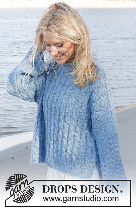 Bluebell Twist Sweater / DROPS 239-24 - Knitted oversized jumper in DROPS Nord and DROPS Kid-Silk. Piece is knitted bottom up with cables, double neck edge, diagonal shoulders and vent in the side. Size XS – XXL.