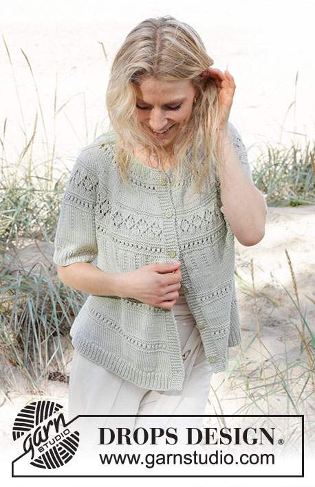 Green Grove Cardigan / DROPS 239-25 - Knitted short-sleeved jacket in DROPS Muskat or DROPS Cotton Merino. The piece is worked top down, with round yoke and lace pattern. Sizes S - XXXL.