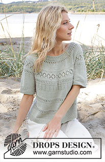 Green Grove Tee / DROPS 239-26 - Knitted jumper with short sleeves in DROPS Muskat or DROPS Cotton Merino. Piece is knitted top down with round yoke and lace pattern. Size: S - XXXL