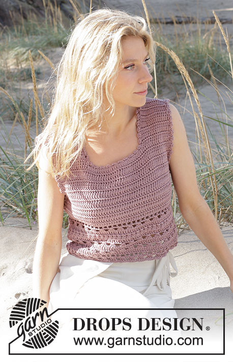 Beach Rendezvous Top / DROPS 239-29 - Crocheted top in DROPS Muskat. The piece is worked top down with lace pattern. Sizes S - XXXL.