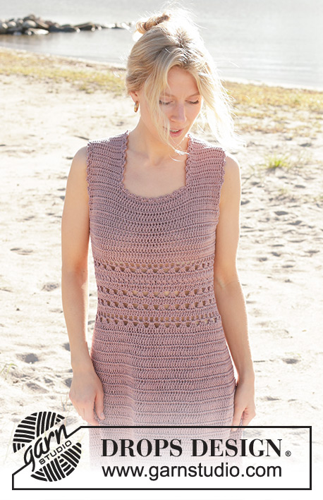 Beach Rendezvous / DROPS 239-35 - Crocheted dress in DROPS Muskat. The piece is worked top down with lace pattern. Sizes S - XXXL.