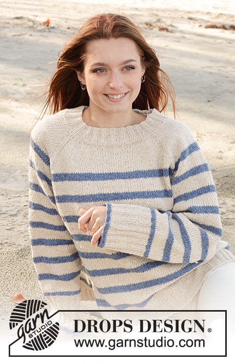 Marina Del Rey / DROPS 239-5 - Sweter na drutach, przerabiany od góry do dołu, z reglanowymi rękawami, w paski i z pęknięciami na bokach, z włóczki DROPS Soft Tweed. Od S do XXXL.