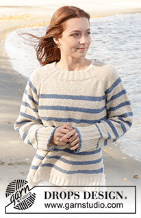 Marina Del Rey / DROPS 239-5 - Raglánový pulovr s pruhy a postranními rozparky pletený shora dolů z příze DROPS Soft Tweed. Velikost S - XXXL.