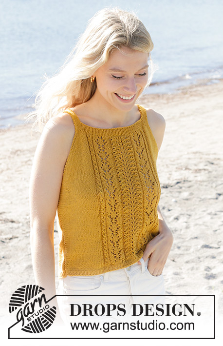 Smiling Honey Top / DROPS 240-14 - Knitted top in DROPS Safran. The piece is worked bottom up with lace pattern on the front piece. Sizes S - XXXL.