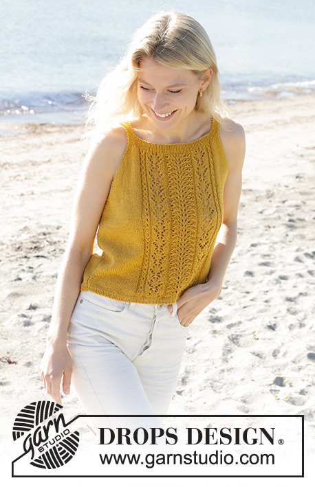 Smiling Honey Top / DROPS 240-14 - Knitted top in DROPS Safran. The piece is worked bottom up with lace pattern on the front piece. Sizes S - XXXL.
