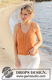 Tangerine Twist Top / DROPS 240-19 - Knitted top in DROPS Paris. Piece is knitted bottom up with cables and V-neck. Size XS – XXL.
