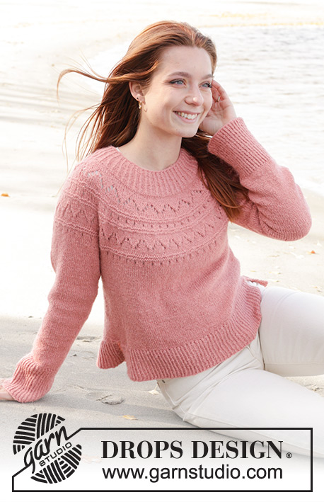 Blushing Rose Sweater / DROPS 240-22 - DROPS Sky lõngast ülevalt alla kootud pitsmustriga ümara passega ja lõhikutega džemper suurustele S kuni XXXL