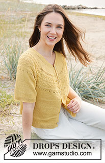 Sun Dream Cardi / DROPS 240-23 - Knitted short-sleeve jacket in DROPS Safran. The piece is worked top down, with round yoke and relief-pattern on the yoke. Sizes S - XXXL.