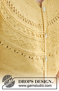 Sun Dream Cardi / DROPS 240-23 - Rozpinany sweter na drutach, przerabiany od góry do dołu, z zaokrąglonym karczkiem strukturalnym ściegiem fantazyjnym i krótkim rękawem, z włóczki DROPS Safran. Od S do XXXL.