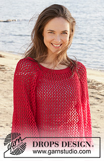 Red Mistery / DROPS 240-26 - Knitted sweater in DROPS Cotton Light. Piece is knitted top down with raglan, lace pattern and vents in the sides. Size XS – XXL.