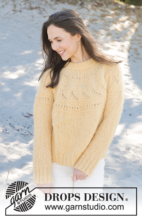 French Vanilla / DROPS 240-27 - Knitted jumper in DROPS Melody. The piece is worked top down with double neck and patterned, round yoke. Sizes XS - XXL.