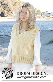 Campus Rally Vest / DROPS 240-28 - Knitted vest in 1 strand DROPS Snow or 2 strands DROPS Air. The piece is worked from the bottom up in stocking stitch, with V-neck and splits in the sides. Sizes S - XXXL.