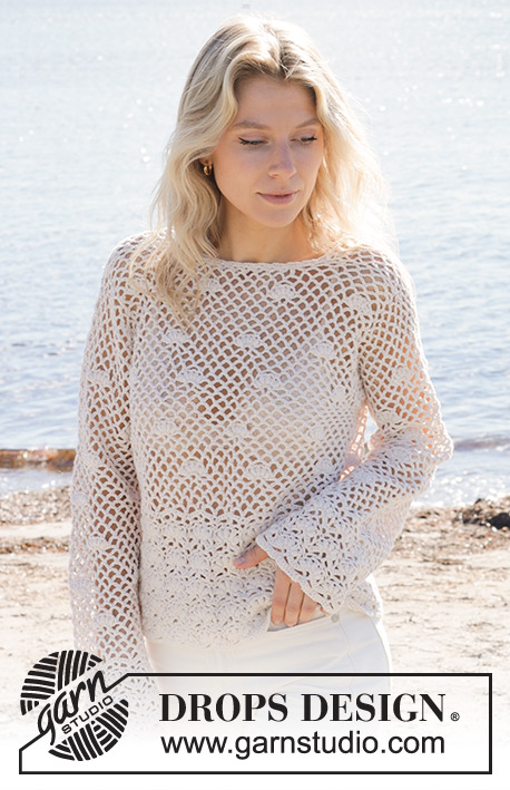 Shell Seeker Sweater / DROPS 240-3 - Crocheted sweater in DROPS Belle. The piece is worked bottom up with lace pattern and bobbles. Sizes S - XXXL.