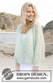 Sweet Spring Cardigan / DROPS 241-11 - Knitted jacket in 2 strands DROPS Kid-Silk. The piece is worked top down with raglan, V-neck, cables and lace pattern. Sizes S - XXXL.