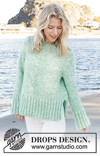Mellow Mint / DROPS 241-14 - Knitted jumper in 1 strand DROPS Air and 2 strands DROPS Kid-Silk. The piece is worked top down, with round yoke and split in sides. Sizes S - XXXL.