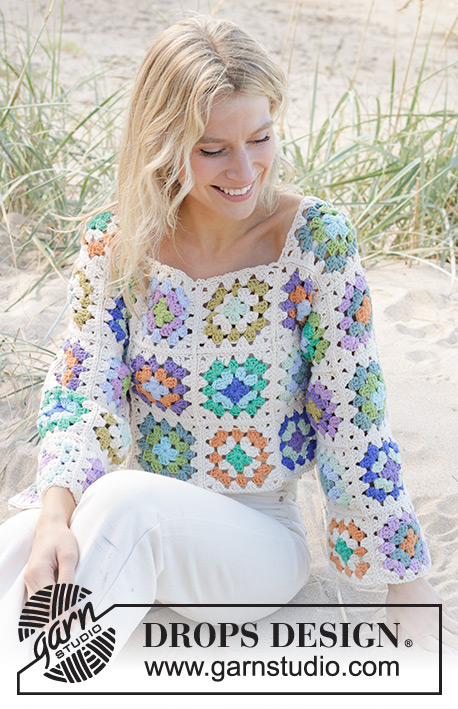 Garden Squares Sweater / DROPS 241-16 - Crocheted sweater in DROPS Paris. The piece is worked in squares. Sizes S - XXXL.