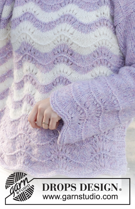 Lavender Lightning / DROPS 241-21 - Knitted jumper in DROPS Air. Piece is knitted bottom up with wave pattern and stripes. Size: S - XXXL