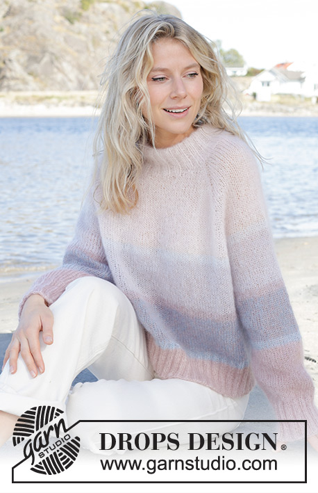 Watercolour Horizons Sweater / DROPS 241-3 - Knitted sweater in 2 strands DROPS Kid-Silk. The piece is worked top down with raglan, stockinette stitch, stripes and double neck. Sizes S - XXXL.