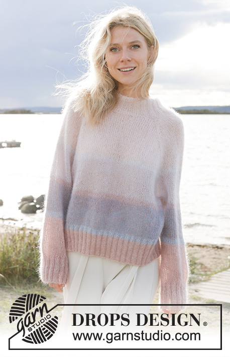Watercolour Horizons Sweater / DROPS 241-3 - Knitted jumper in 2 strands DROPS Kid-Silk. The piece is worked top down with raglan, stocking stitch, stripes and double neck. Sizes S - XXXL.