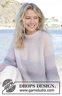 Watercolour Horizons Sweater / DROPS 241-3 - Knitted jumper in 2 strands DROPS Kid-Silk. The piece is worked top down with raglan, stocking stitch, stripes and double neck. Sizes S - XXXL.
